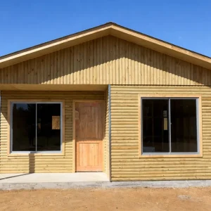 casa prefabricada 48 metros cuadrados Chile, casa prefabricada 3 dormitorios techo 2 aguas, casa prefabricada con porche Biobío, casas prefabricadas González 48m2, casa prefabricada madera económica 3 dormitorios