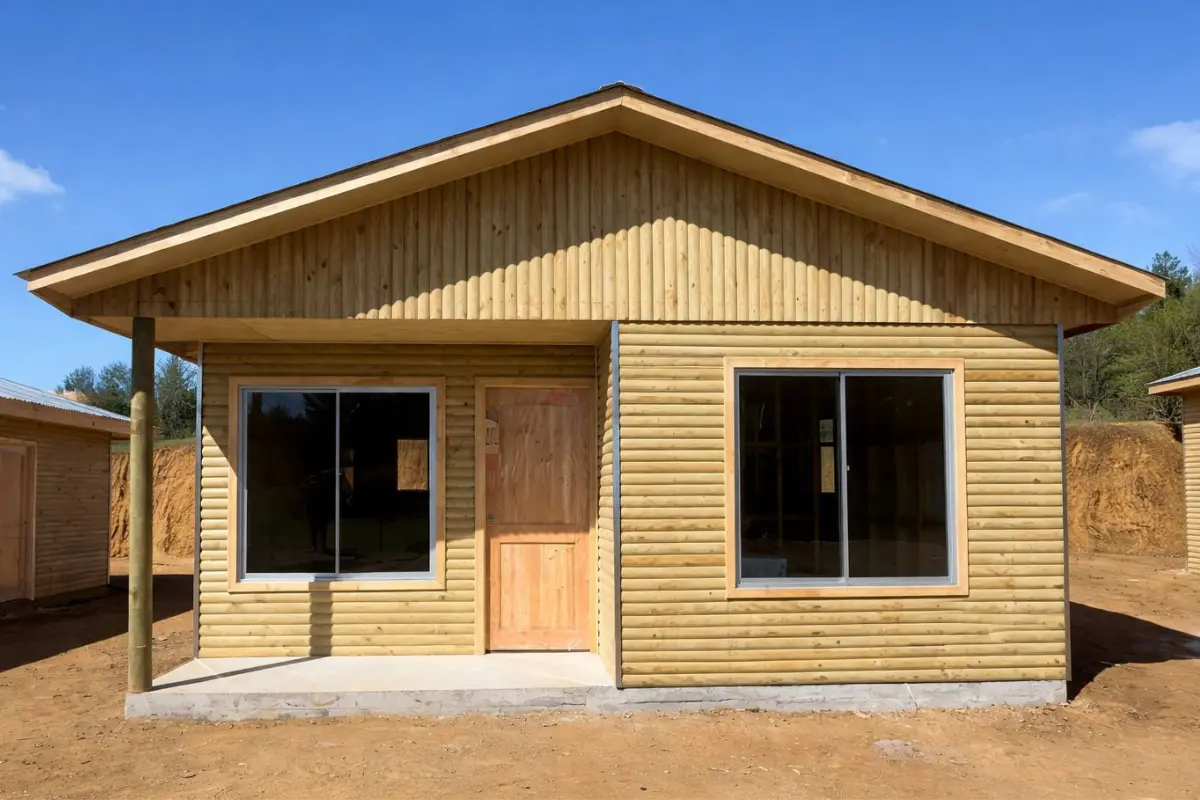 casa prefabricada 48 metros cuadrados Chile, casa prefabricada 3 dormitorios techo 2 aguas, casa prefabricada con porche Biobío, casas prefabricadas González 48m2, casa prefabricada madera económica 3 dormitorios