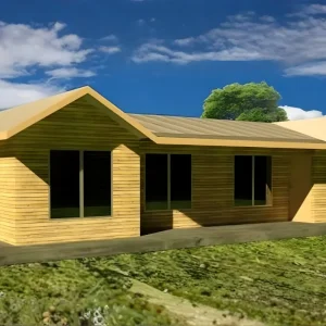 Casa prefabricada 72 metros cuadrados techo 6 aguas planta larga Chile, casa prefabricada 4 dormitorios techo 6 aguas Biobío, casas prefabricadas González 72m2 6 aguas 12m, casa prefabricada madera amplia sur de Chile, casa prefabricada 4 dormitorios económica Biobío